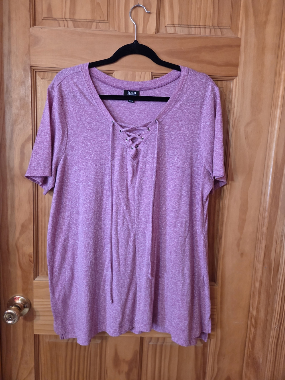 a.n.a Lace-Up V-Neck Short Sleeve Top - Pink Heather
